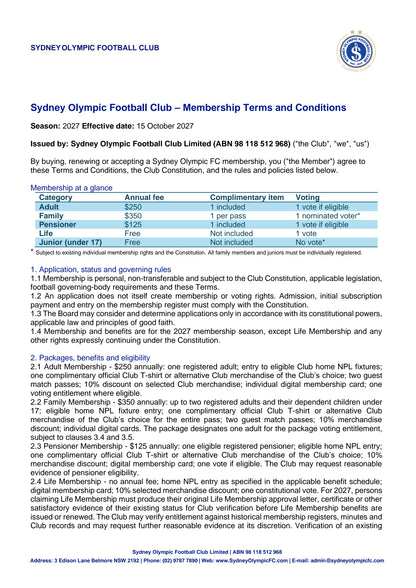 2027 Sydney Olympic FC Memberships